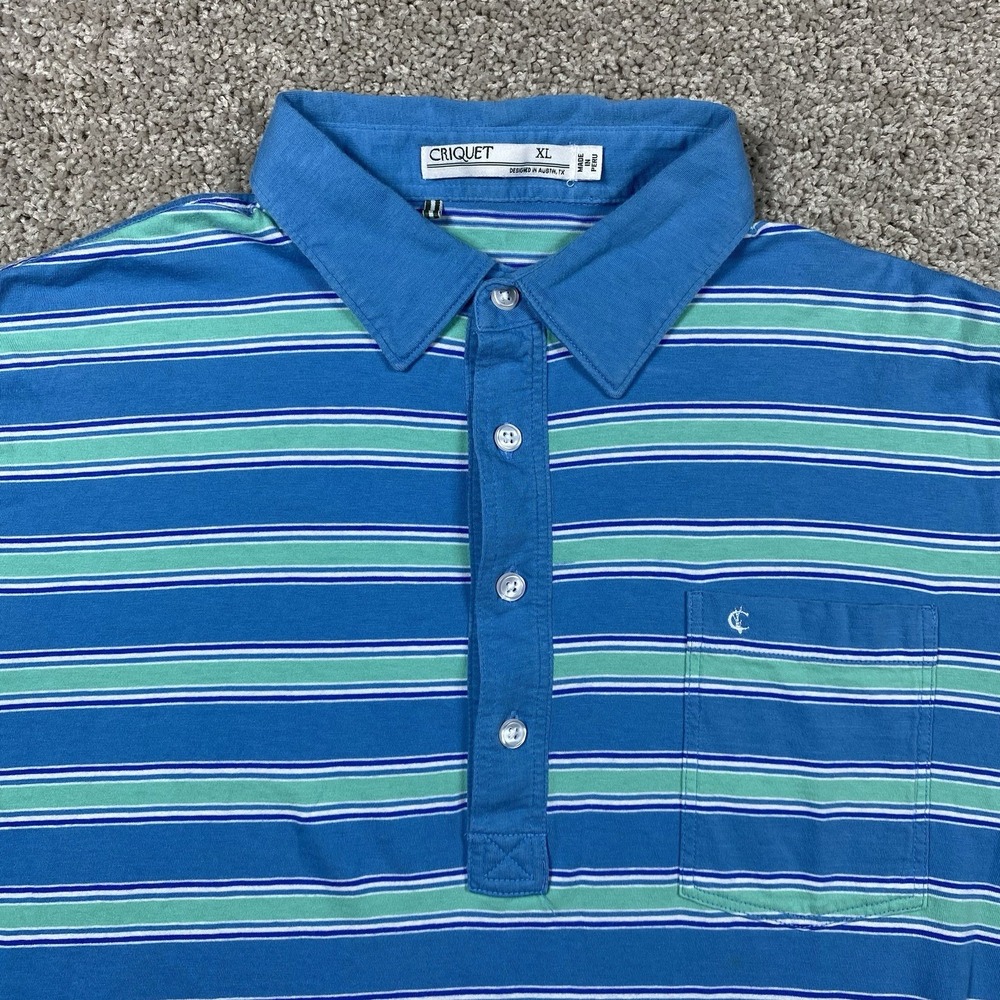 Criquet Mens XL Blue Green Striped Organic Cotton Players Polo Shirt SS Golf